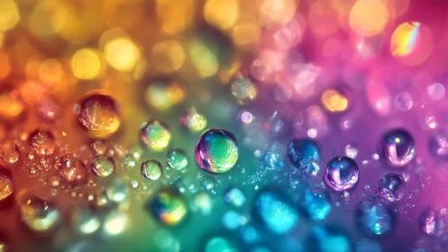 Iridescent water droplets shimmer across blurred rainbow field