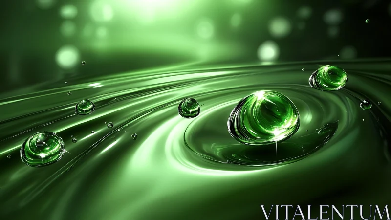 Emerald droplets glide like liquid planets across glowing waves