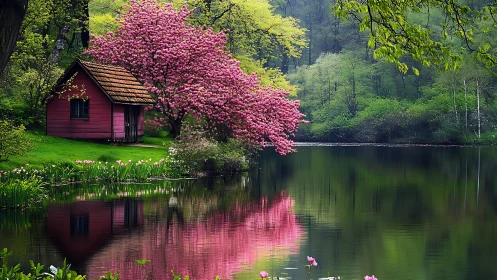 Pink lakeside cabin beneath blooming cherry tree reflection.