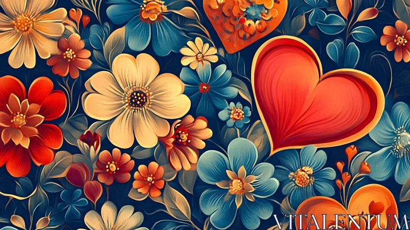 Romantic Floral Garden with Stylized Hearts on Navy Background.