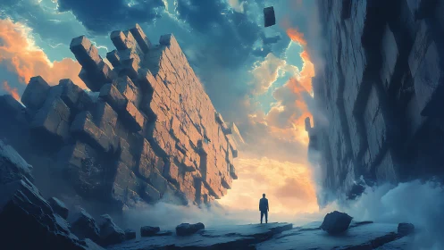 Wanderer stands between shifting stone worlds at sunrise.