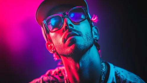 Portrait records subject in neon magenta and cyan lighting