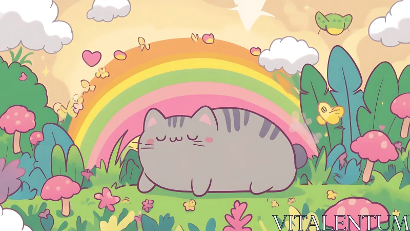 Placid Feline Subject Within Naturalistic Pastoral Rainbow Composition.