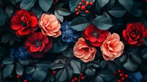 Vibrant Garden of Red and Coral Roses with Navy Blue Accents.