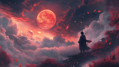 Sword-bearing figure under red moon amid stormy clouds.