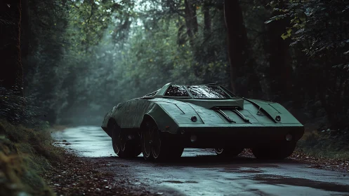 Futuristic armored car parked on wet forest road at dusk