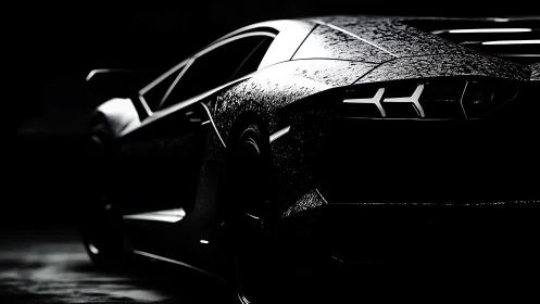 Low key rear view of wet sports car in dramatic lighting.
