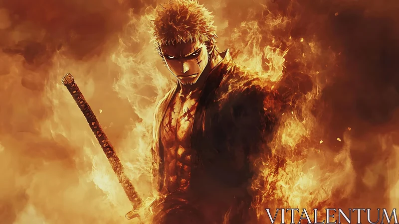 Sword-bearing anime figure enveloped in dense orange flames.