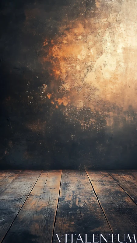 Rustic wooden floor meets moody textured wall backdrop.