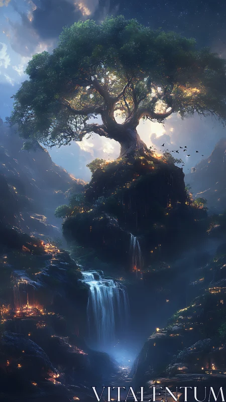 Mythic world tree atop luminous cliffs and cascading falls.