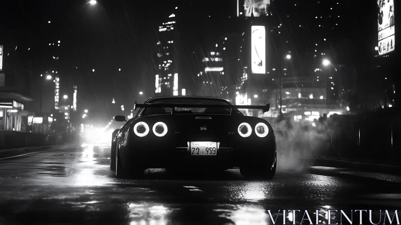 Midnight skyline hunter idling in rain-slick neon corridors.