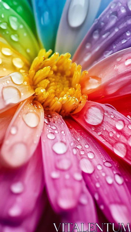 Radiant rainbow flower petals kissed by fresh raindrops.