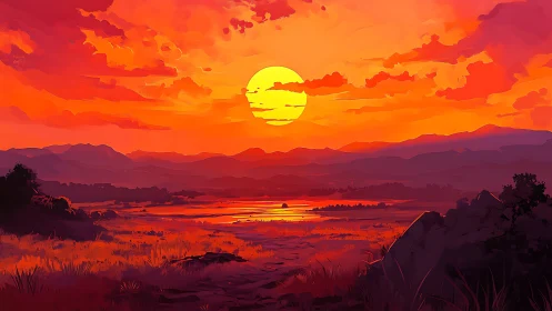 Blazing valley sunset bathing quiet hills in molten gold.