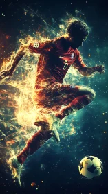 Dynamic fiery footballer in midair motion, digital painting.