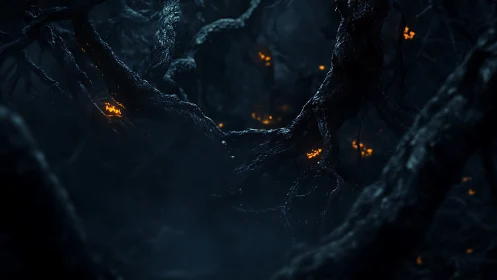 Dense twisted forest rendered with volumetric fog and ember glows