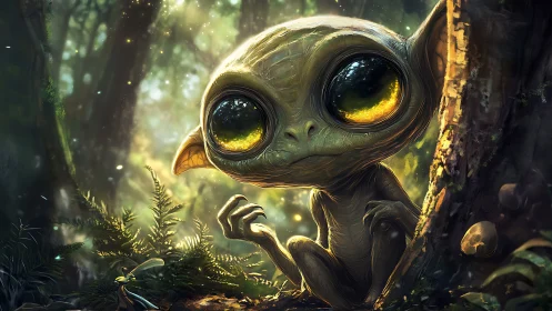 Forest alien creature gazes curiously through glowing eyes.