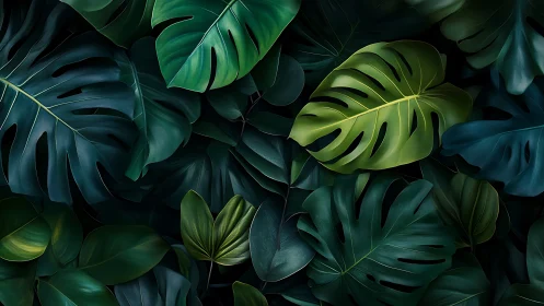 Dense overlapping tropical leaves in deep green tones.