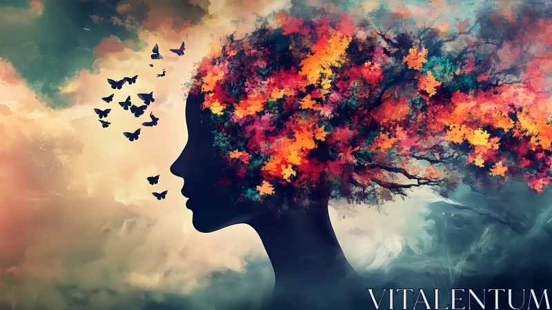 Silhouette profile merged with abstract foliage and birds.