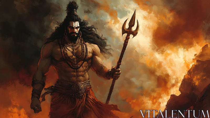 Mythic warrior with trident strides through incendiary sky