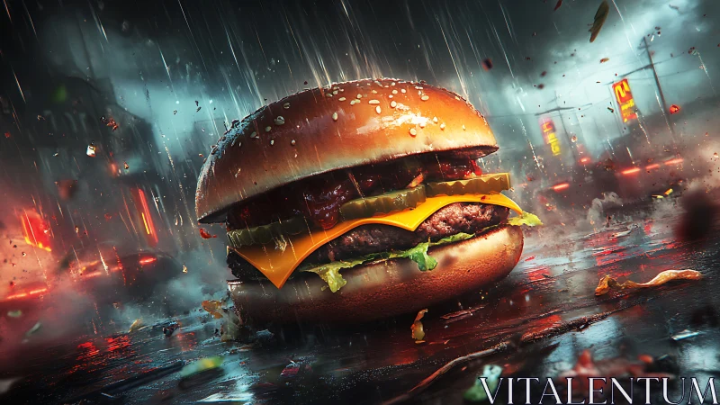 Juicy cheeseburger glows against a stormy neon city street