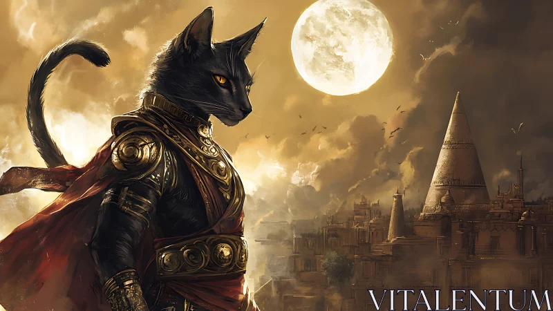 Armored feline warrior surveys moonlit temple city