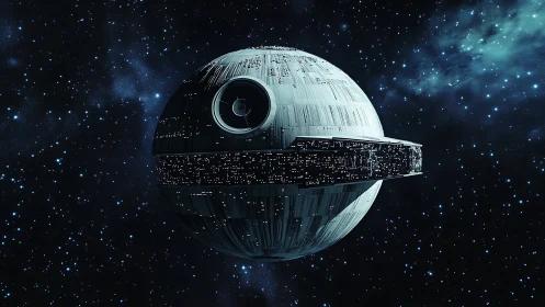 Massive spherical space station drifts alone in deep space.