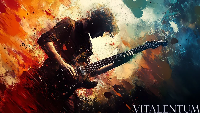 Electric guitarist silhouette in high-energy chromatic turbulence.