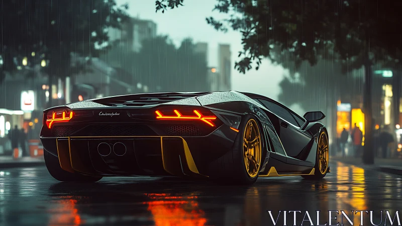 Sleek supercar glows on a rainy neon city street at dusk