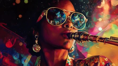 Saxophonist wearing reflective sunglasses plays in neon light