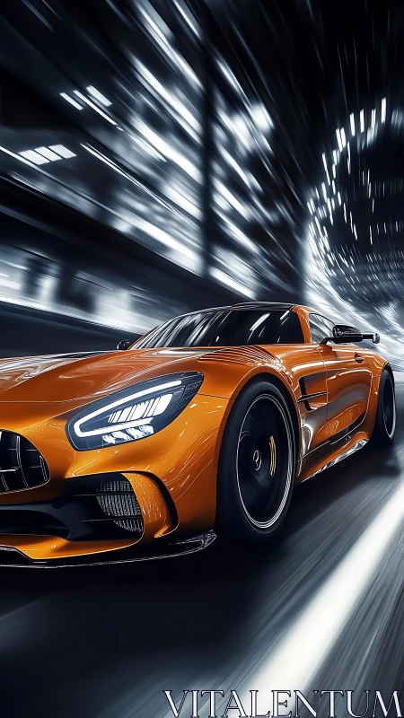 Orange supercar accelerates through neon-lit urban tunnel