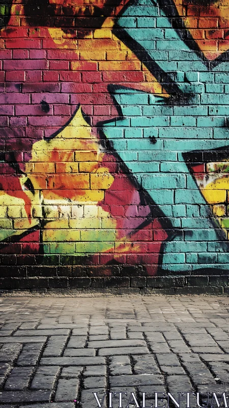 Fragmented graffiti geometry animates a weathered brick wall