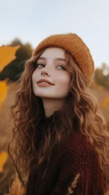 Photorealistic autumn portrait with soft bokeh field environment.
