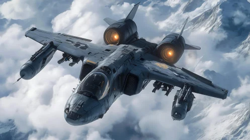 Futuristic attack gunship cuts through frozen mountain clouds.