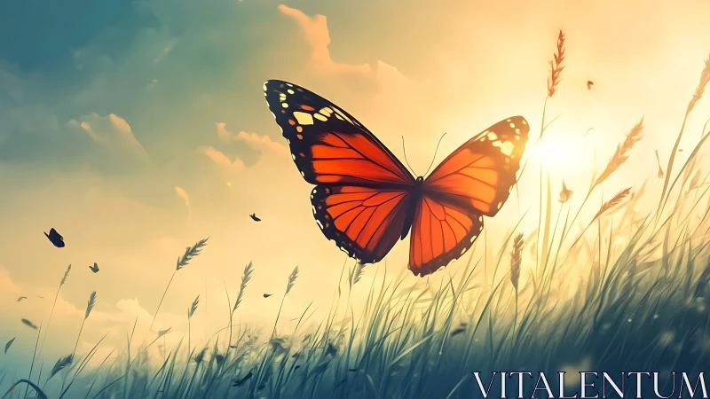 Vibrant Monarch Butterfly in Dreamy Sunrise Meadow Art.