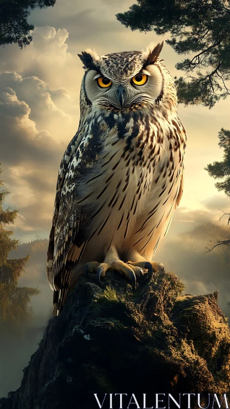 Majestic owl stands guard over misty forest at sunrise