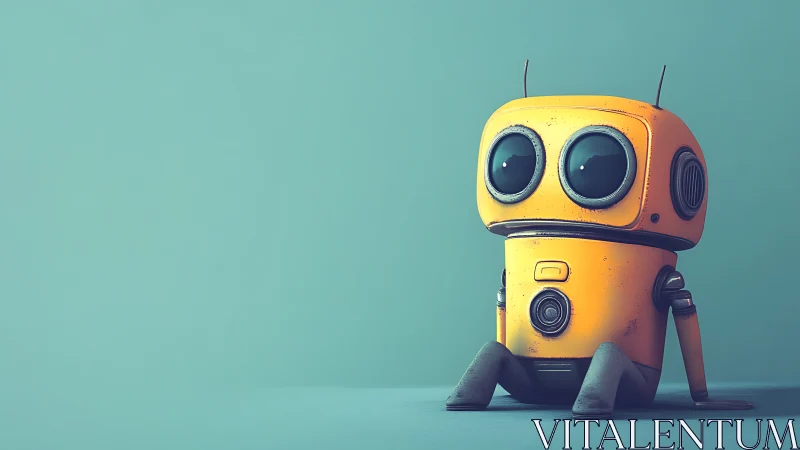 Lonely yellow robot on teal minimalist background.