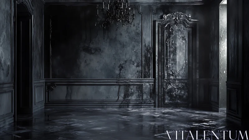 Dark paneled interior with ornate door and chandelier.