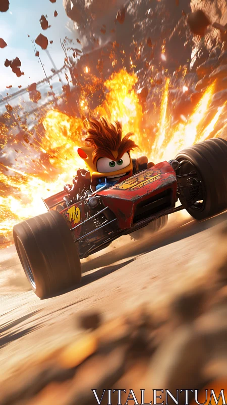 Cartoon racer drifts through explosive desert track chaos.