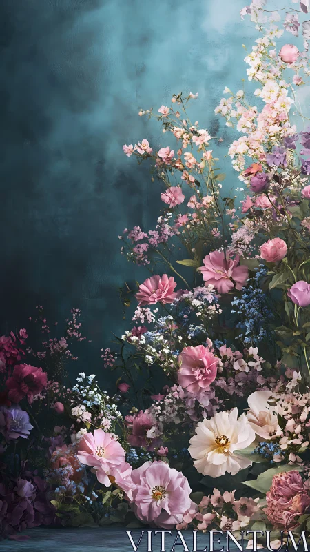 Floral Arrangement with Pink Roses, White Baby's Breath, and Blue Forget-me-nots Against Moody Teal