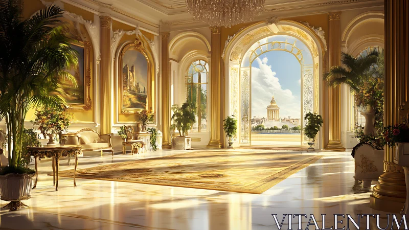 Sunlit neoclassical palace hall with high-gloss marble and ornate gold trim