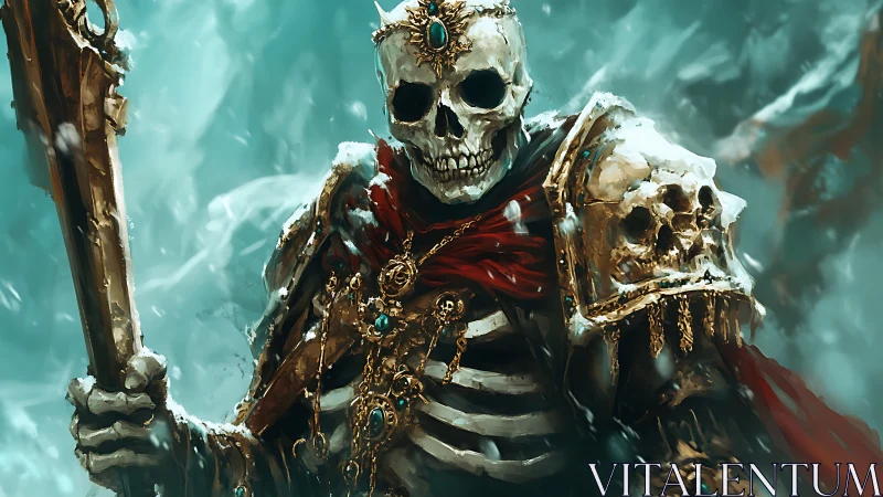 Regal skeletal warlord wrapped in crimson and cold light.