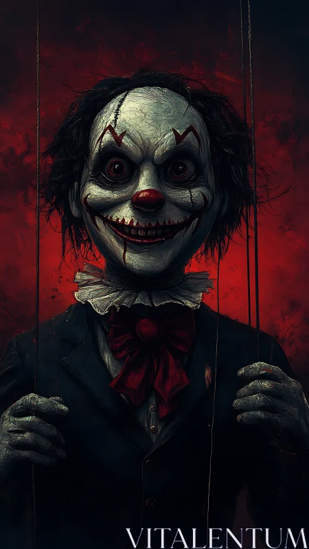 Sinister marionette clown smiles in fiery red gloom.