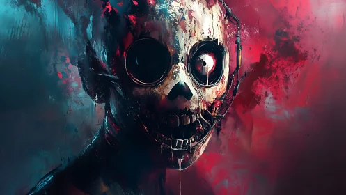 Cybernetic skull portrait looms within violent neon haze