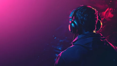 Immersed listener enjoys vibrant neon soundscape at night