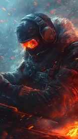 Armored gamer immersed in molten neon battlefield interface