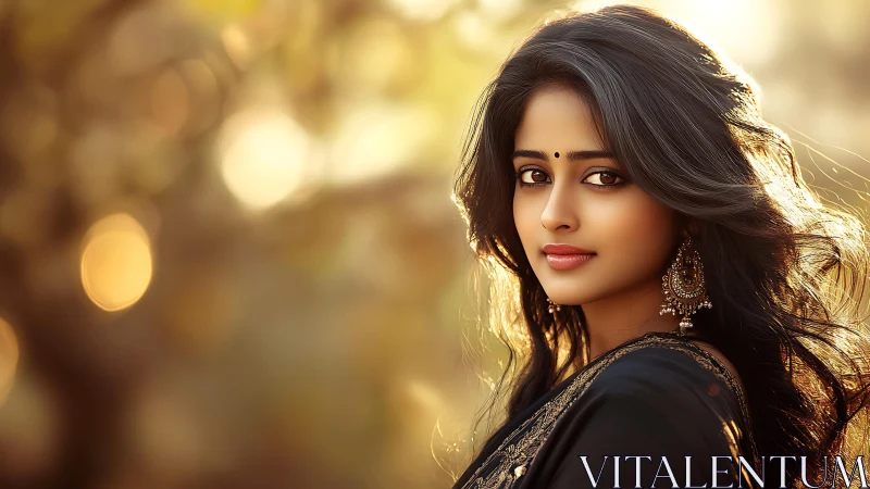 Sunlit portrait of woman in black saree with bokeh glow.