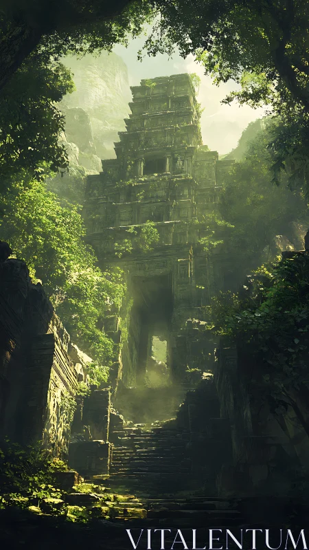 Stone jungle temple tower amid dense overgrown vegetation.