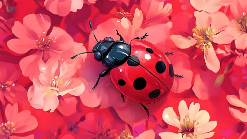 Ladybug rests on neon pink blossoms in vivid focus.
