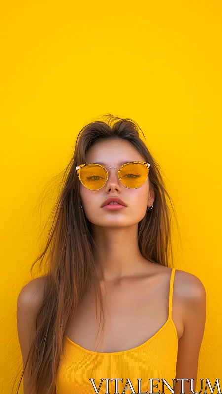 Woman in yellow sunglasses against solid yellow wall backdrop.