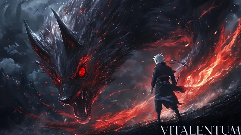 Swordsman confronts colossal flaming demon wolf in storm